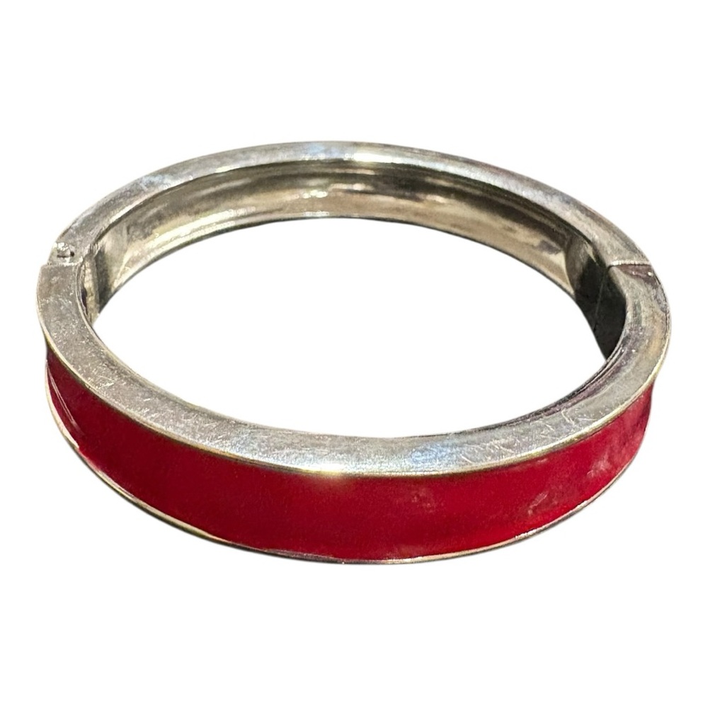 Red Enamel Silver-Tone Hinged Bangle Bracelet J14